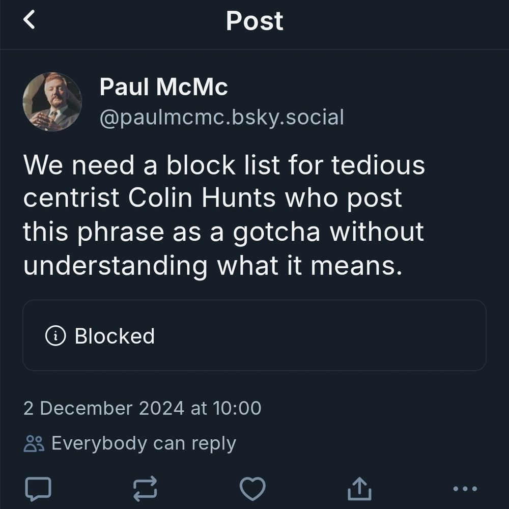 The above Bluesky message, illustrating that the quoted message merely shows the word Blocked 