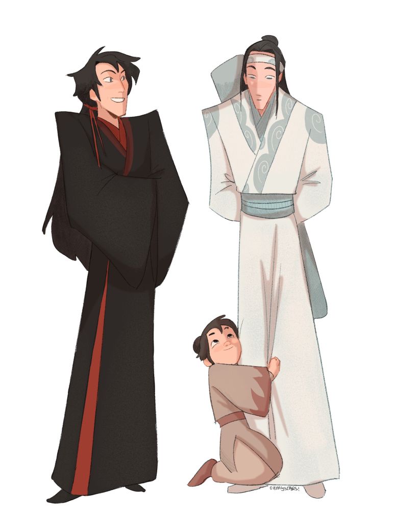 A picture of Wei Wuxian looking at Lan Wangji. Little A Yuan is grabbing Lan Wangji by the leg, Lan Wangji looks confused 