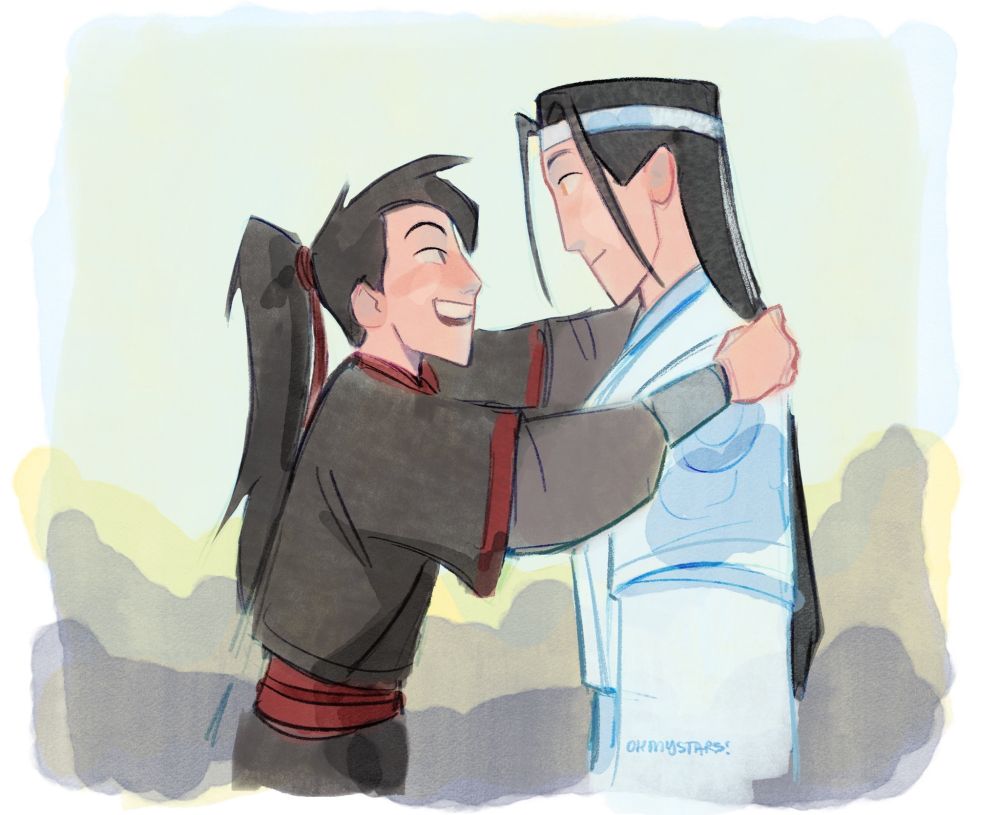 A drawing of Wei Wuxian holding Lan Wangji by the shoulders excitedly