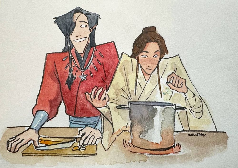 Hua Cheng looking at Xie Lian while he cooks yet another creative dish 