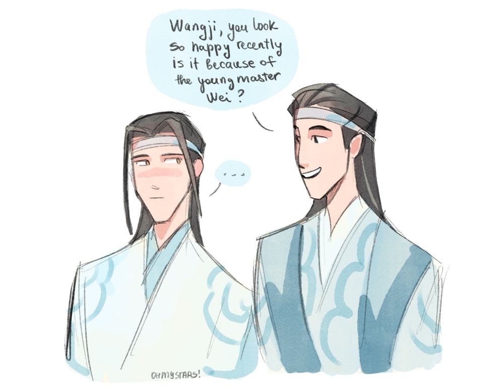A drawing of Lan Wangji and Lan Xichen. Lan Xichen is asking "Wangji, you look so happy recently, is it because of the young master Wei?", Wanji doesn't reply
