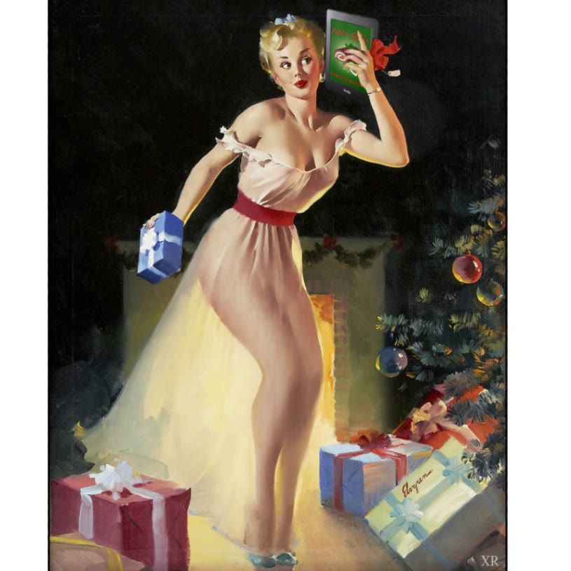 Gil Elvgren's painting of a pin-up holding up Christmas presents in front of a fireplace, except she is now holding up a tablet showing Noël's Bells, a free story by Christa Bakker