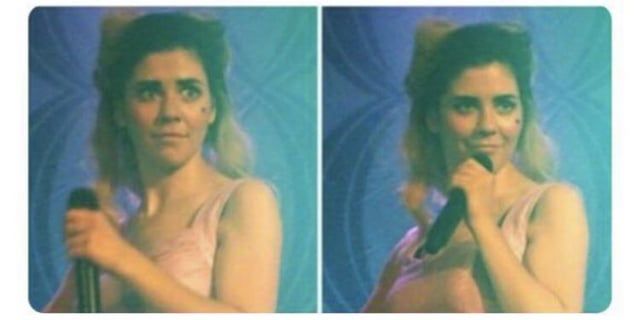 A reaction image split into two sections. In the first section is Marina (of Marina and the Diamonds fame) looking dumbfounded. The second section features Marina looking still slightly confused but with a mischievous smile.