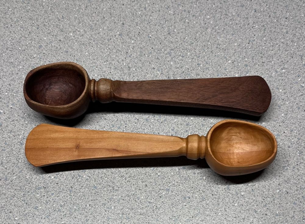 Walnut and Pear wood small turned and carved scoops.