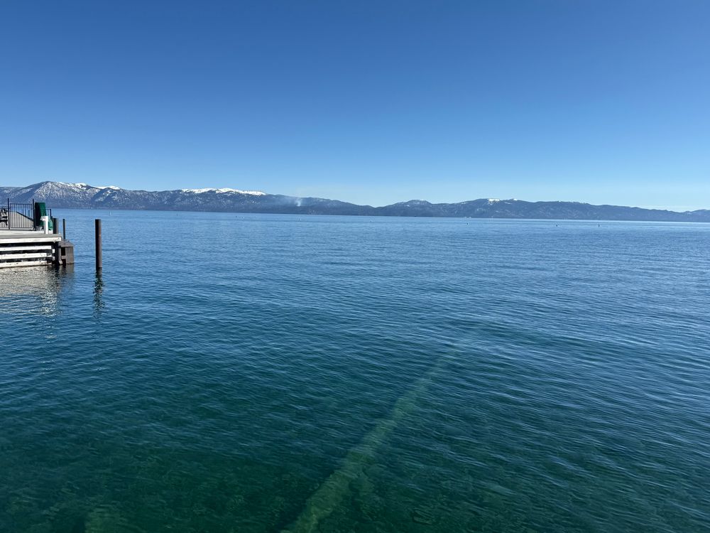 Lake Tahoe with mountains in the background. 