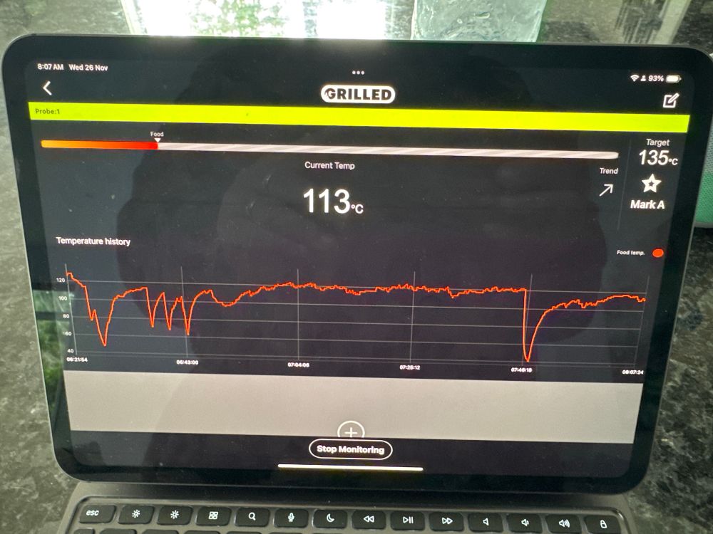 A photo of an iPad app tracking the temperature of a bbq. The temperature reading saying 113c and a graph showing the temperate pretty flat 