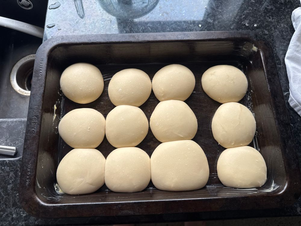 An oven tray with uncooked bread dough balls ready to put in the oven to become buns. 