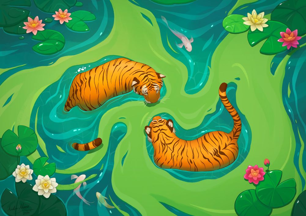 digital art, two tigers in the swap, water lilies 