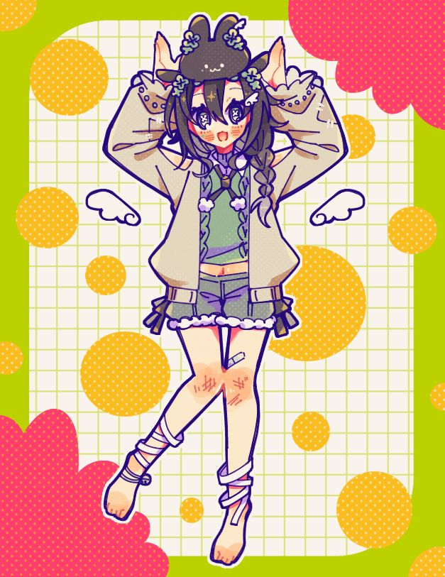 artwork of VTuber persona, depicting a full-body image of character posing with a deformed rabbit on fop of their head. art is done over a colorful pop-style background.