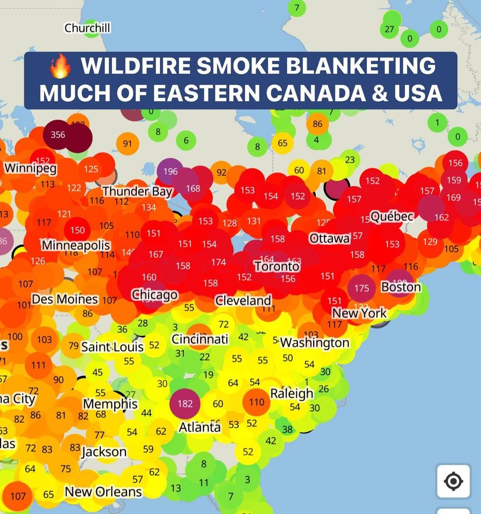 A map of wildfire smoke blanket much of eastern Canada and USA