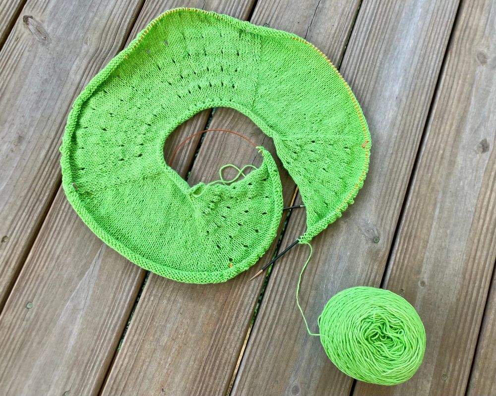 What the top of the Vitamin D cardigan is SUPPOSED to look like. There are radial grids of yarn-over increases on the fronts and the back of the cardigan, with plain stockinette wedges for the tops of the raglan sleeves. The error I had to pick out was at the top of back, where the now unobstructed top edge is curling the way unsupported stockinette does. This image is just over halfway through the increase section at the top.  As of this posting, I’ve finished this section and am knitting the first sleeve, where the color gradient kicks in.