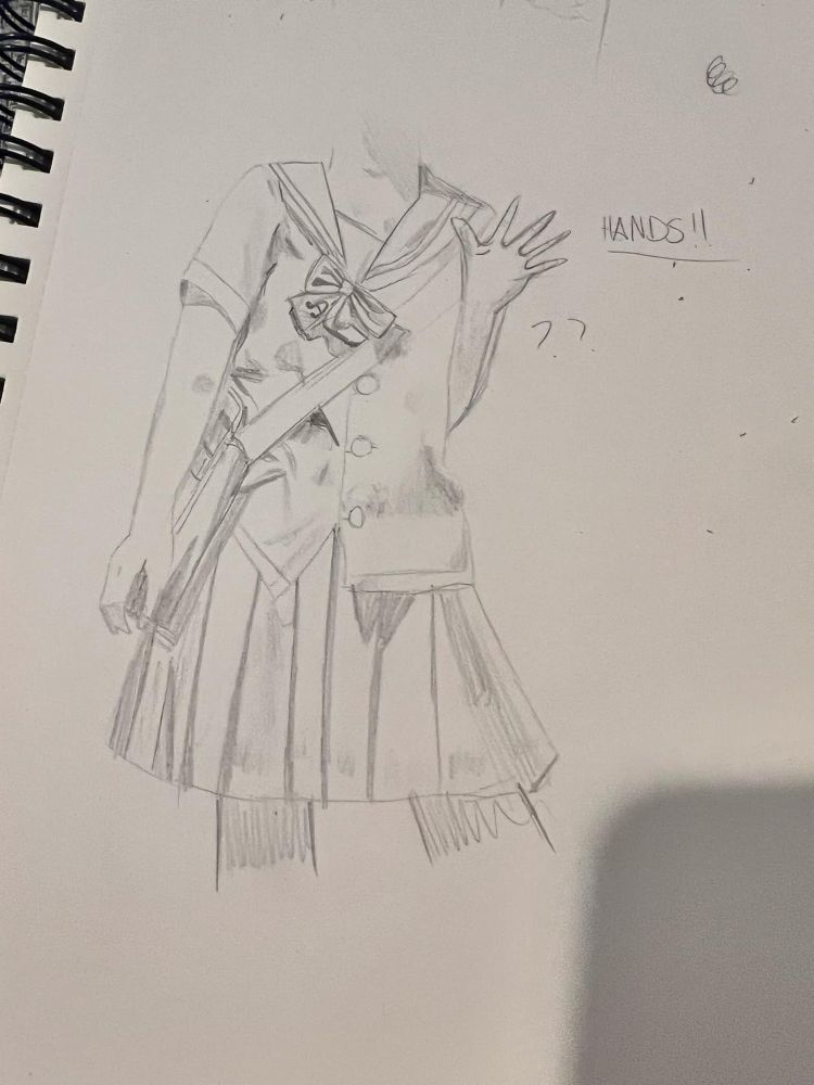 sketch of girl in school uniform with bag over shoulder, waving with one hand