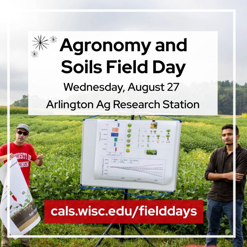 Text says, "Agronomy and Soils Field Day. Wednesday, August 27. Arlington Research Station."