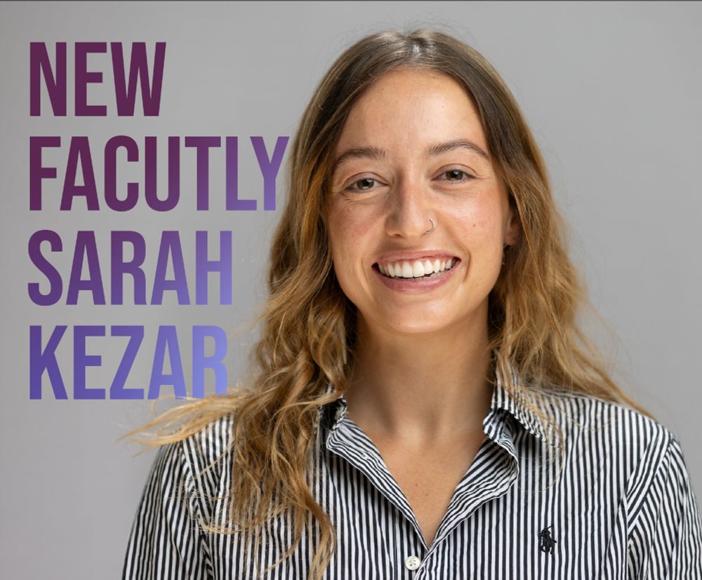Sarah Kezar smiles. She has light brown hair and wears a striped button up. Text reads, "New faculty Sarah Kezar."