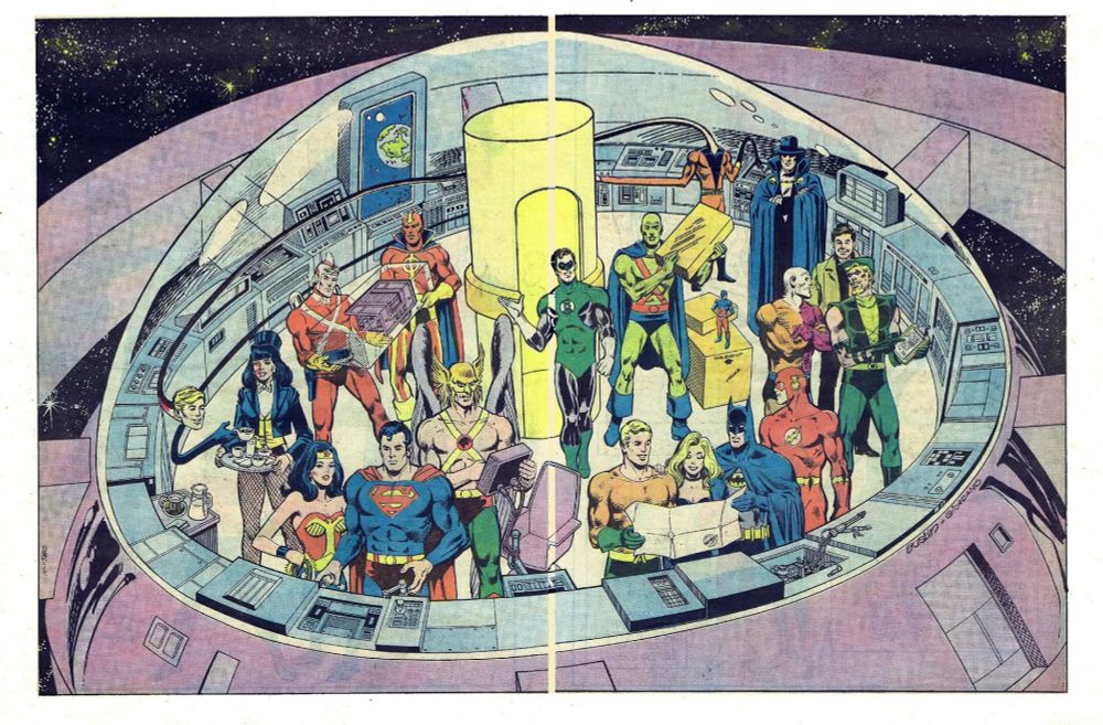 An inside look at the bridge of the JLA satellite; including non-members Zatanna serving drinks to the Elongated Man, Adam Strange helping Red Tornado move a trophy case and Metamorpho chatting with Green Arrow and JLA mascot Snapper Carr.

Standing all alone in silence is the Phantom Stranger.