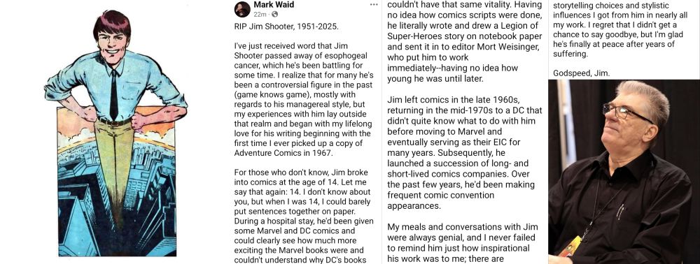 A Marvel Age caricature of Jim Shooter and Mark Waid's Facebook post of his passing.