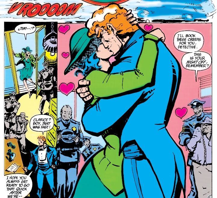 Police Detective Jim Corrigan embraces and kisses his fiance Clarice Winston before his is murdered and begs God to return to Earth to get vengeance.

Secret Origins #15 (1988) by Roy Thomas & Michael T. Gilbert.