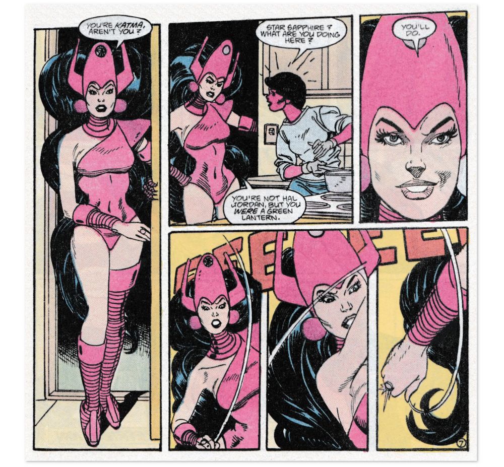 Star Sapphire (Carol Ferris) enters the home of John Stewart and Katma Tui and surprises Katma who is alone cooking dinner.

Star Sapphire proceeds to hack Katma to pieces and kills her.

Action Comics Weekly #601; "Green Lantern" by James Owsley (Christopher Priest) & Gil Kane.