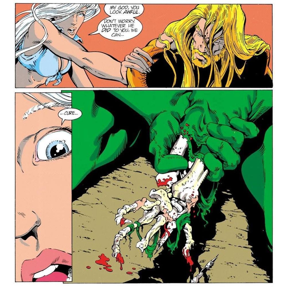 An injured Aquaman is being comforted by Dolphin. She tries to soothe him by telling him everything will be alright, then she looks at the hand that he's holding.

The vicious piranhas have eaten his left hand and forearm clean to the bone.

Aquaman #2, Sept 1994 by Peter David, Martin Egeland & Brad Vancata