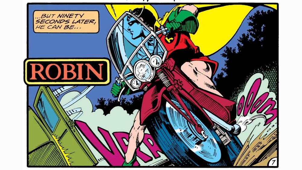 90 seconds after getting a call that Bruce is missing, Dick changes into Robin, hops on his motorcycle and heads out to look for his mentor. Detective Comics #472, Sept 1977 by Steve Englehart, Marshall Rogers & Terry Austin.