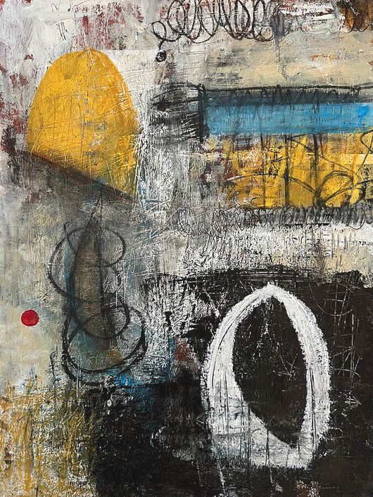 Bot provided description: A dynamic composition features bold splashes of yellow, blue, and black with swirling scribbles and a prominent red dot, creating a sense of chaotic energy. Shapes and lines intersect, adding depth and intrigue to the abstract design.