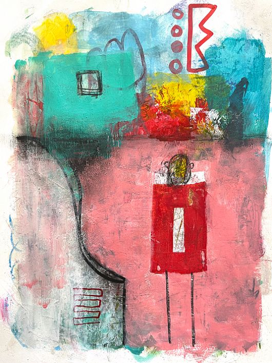Bot provided description: A colorful abstract composition features bold shapes and vibrant hues, dominated by shades of teal, pink, and red. Geometric forms and textured layers intermingle, creating an energetic and playful visual experience.