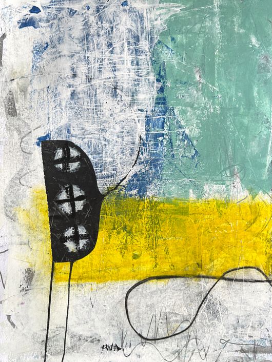 Bot provided description because I have become too lazy to think: An abstract composition combines dynamic textures and geometric shapes with a bold black form and hints of yellow and teal. The interplay of white, blue, and gray adds depth and complexity.