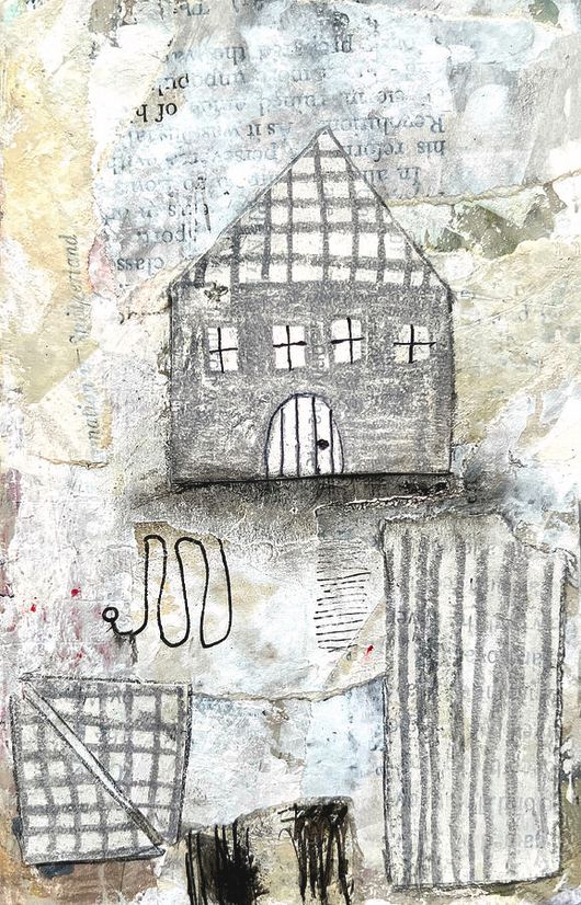 A house is featured in this collage piece in grays and white. The background is textured with book pages and pencil marks.