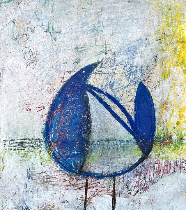 A bird-like maternal shape in bold blue is centered against a background of abstract, textured colors that include white, yellow, and green. The composition suggests a mother and child at the playground.
