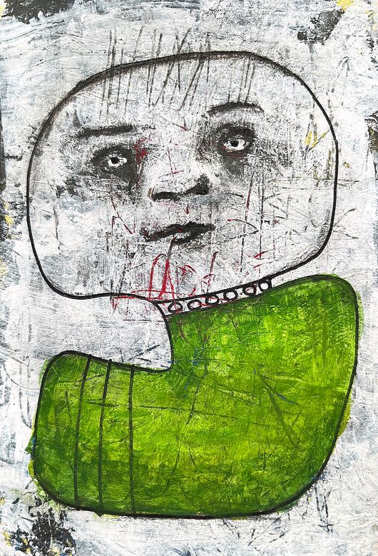 Bot description: A haunting face emerges from a textured background, capturing a mix of emotions through abstract lines and expressive eyes. The vivid green of the garment adds a striking contrast to the somber tones of the face. Elements of scribbled red and black lines further intensify the emotional depth, evoking a sense of mystery.