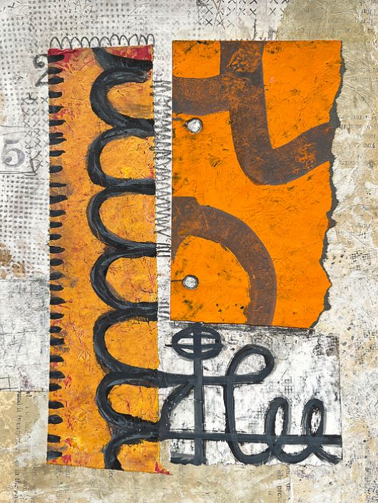 Bot provided description because I have become too lazy to think: Two abstract shapes in orange and black are layered on a textured, neutral background with a grid-like pattern. Bold, swirling lines contrast with geometric shapes, providing a dynamic composition.