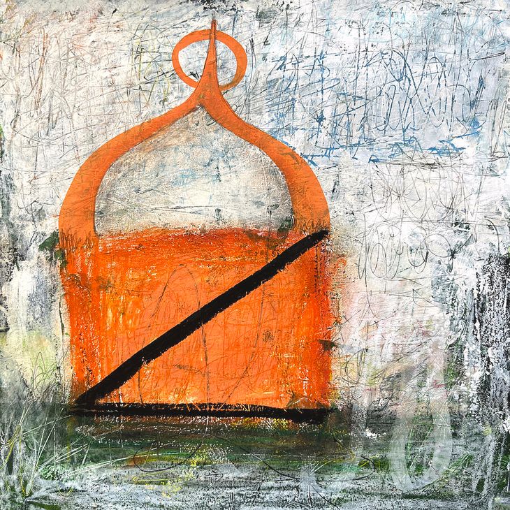 Bot provided description: An abstract depiction features a rounded, orange shape reminiscent of a dome with a prominent black diagonal line across it. The background is filled with scribbles and chaotic pencil marks in various colors, adding depth and contrast.
