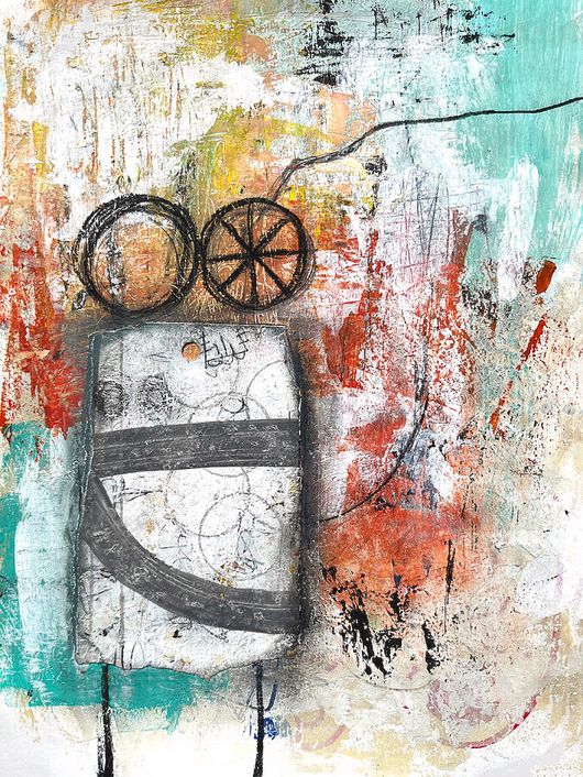 Bot provided description: Abstract forms and vibrant, textured layers create an intricate composition with circular and linear patterns. The use of bold colors like orange, teal, and black adds dynamic contrast and depth.