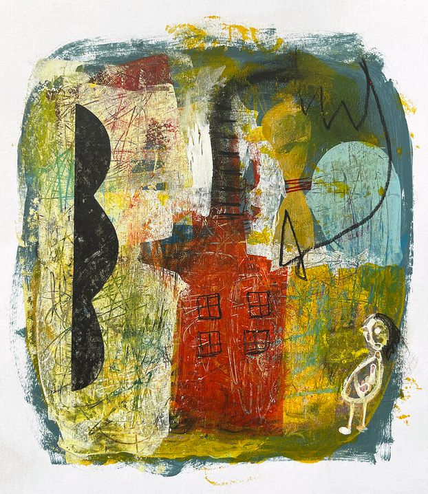 Bot provided description: A whimsical scene features abstract shapes and vibrant colors, with a factory in red and a small figure to the right. Bold black and green strokes add dynamic energy, while circular and triangular elements hint at imaginative storytelling.
