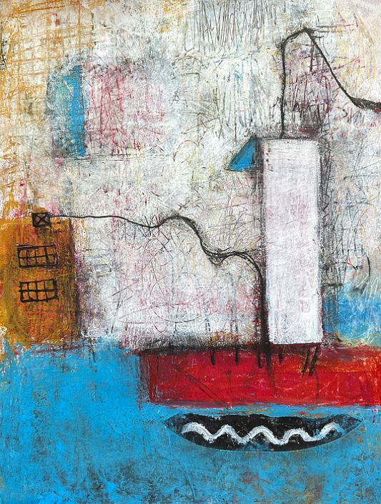 A series of abstract shapes and lines in yellow, blue, red, and white with black accents, invoking a dockside scene with water, factories, building. The overall effect is both textured and vibrant with a shadowy depth.