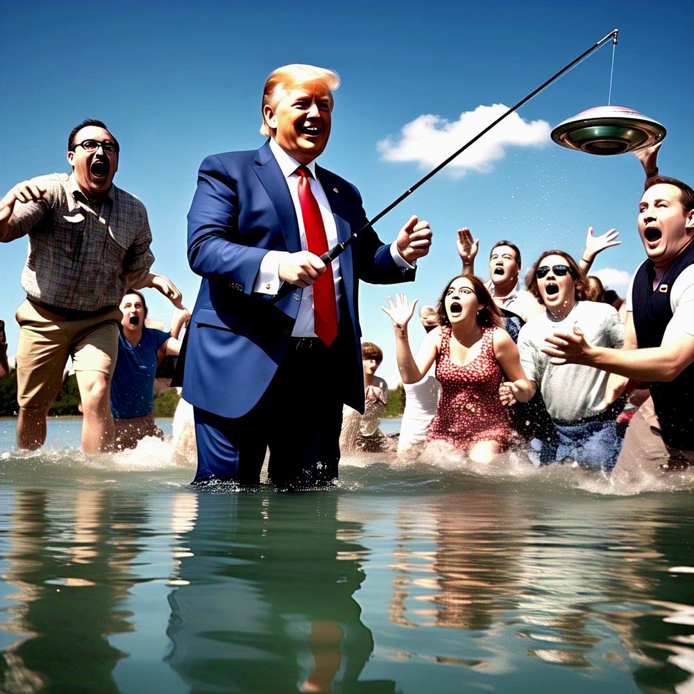 Trump with a fishing pole and a flying saucer attached to the line. The people around him are wowed.