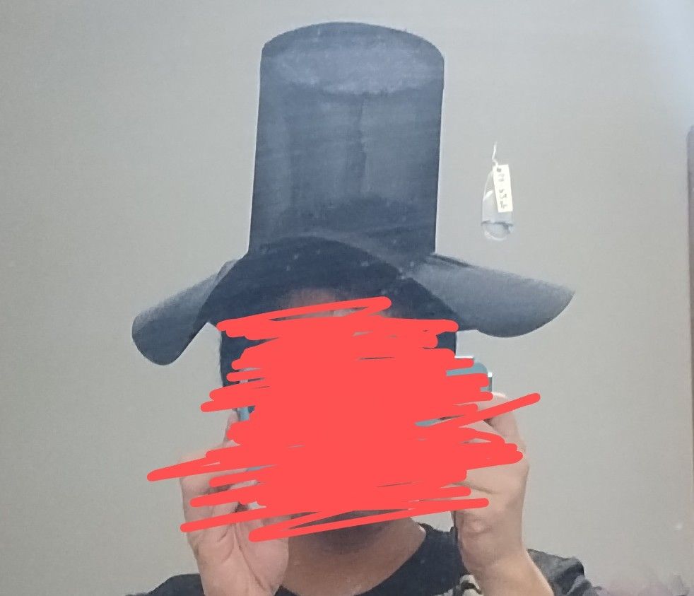 Me with my face scribbled out wearing said DIY Korean gat replica. It's my first time making one: the top half is decent, but the brim keeps curling like a flimsy straw hat.