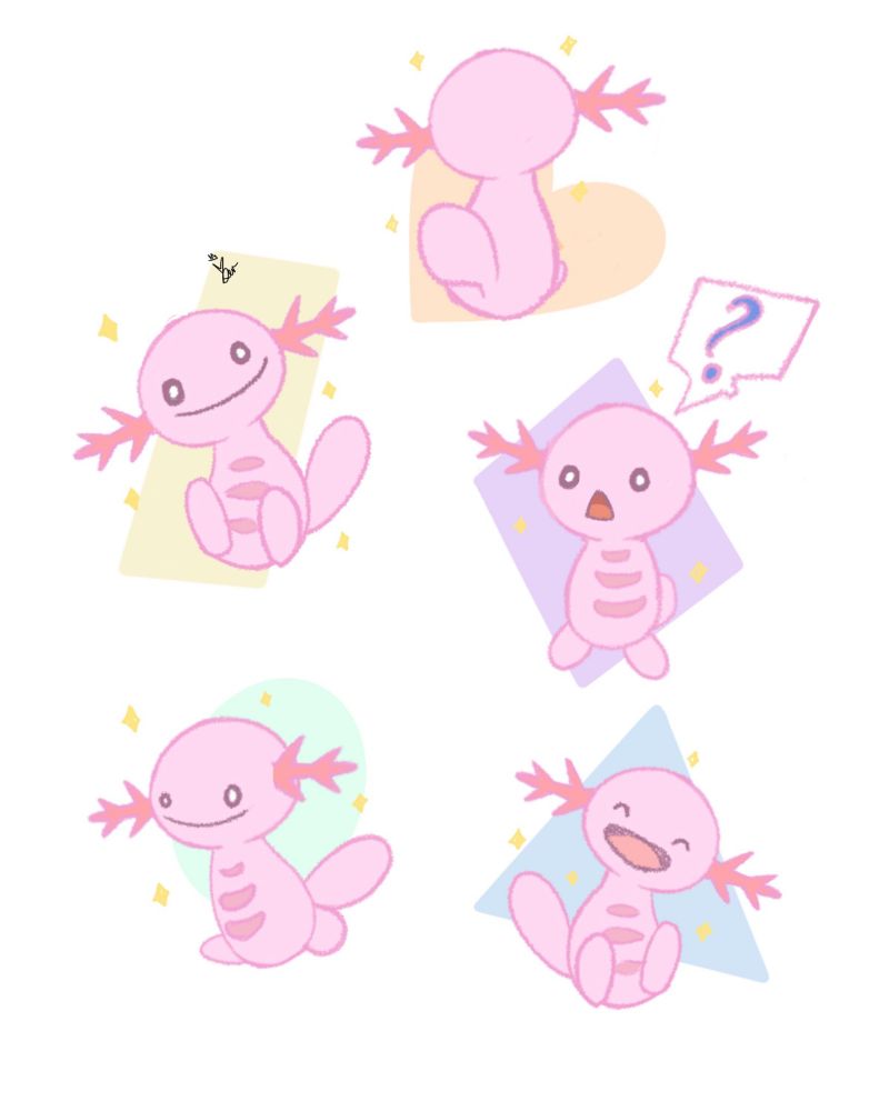 5 shiny Wooper depictions: One showcasing its back/tail, one happy, one surprised, one walking, and one smiling with it's eyes closed. Each depiction has a background pastel shapes such as an orange heart, purple diamond, blue triangle,  green oval, and a yellow rectangle