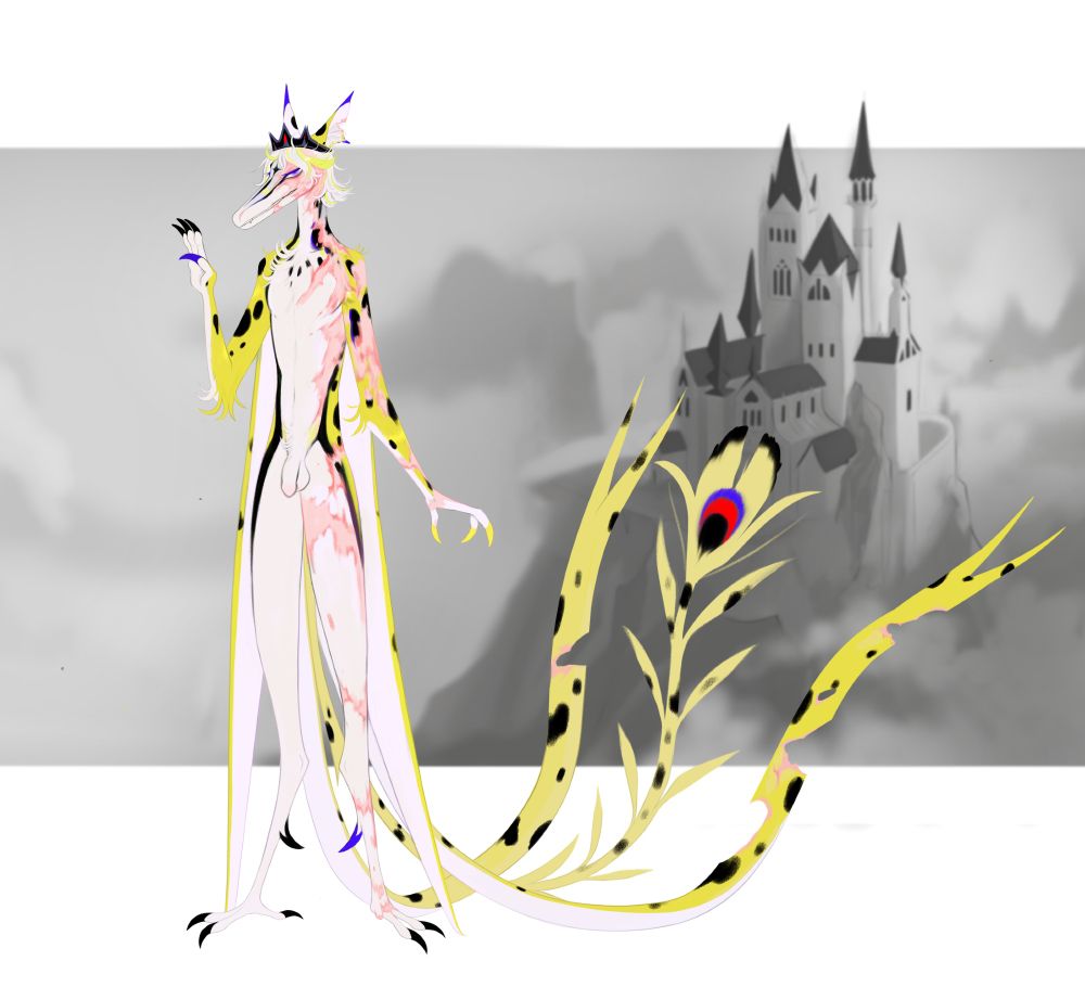 Anthro character, yellow with large black spots. They look like a lithe dragon dog with wing capes and three tails. Regal prince vibes