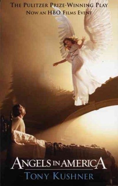 Cover of the combined script for both parts of Angels in America with a cover to tie-in with the HBO miniseries. A winged female-presenting angel in white floats above a man sitting up in bed staring up at her.