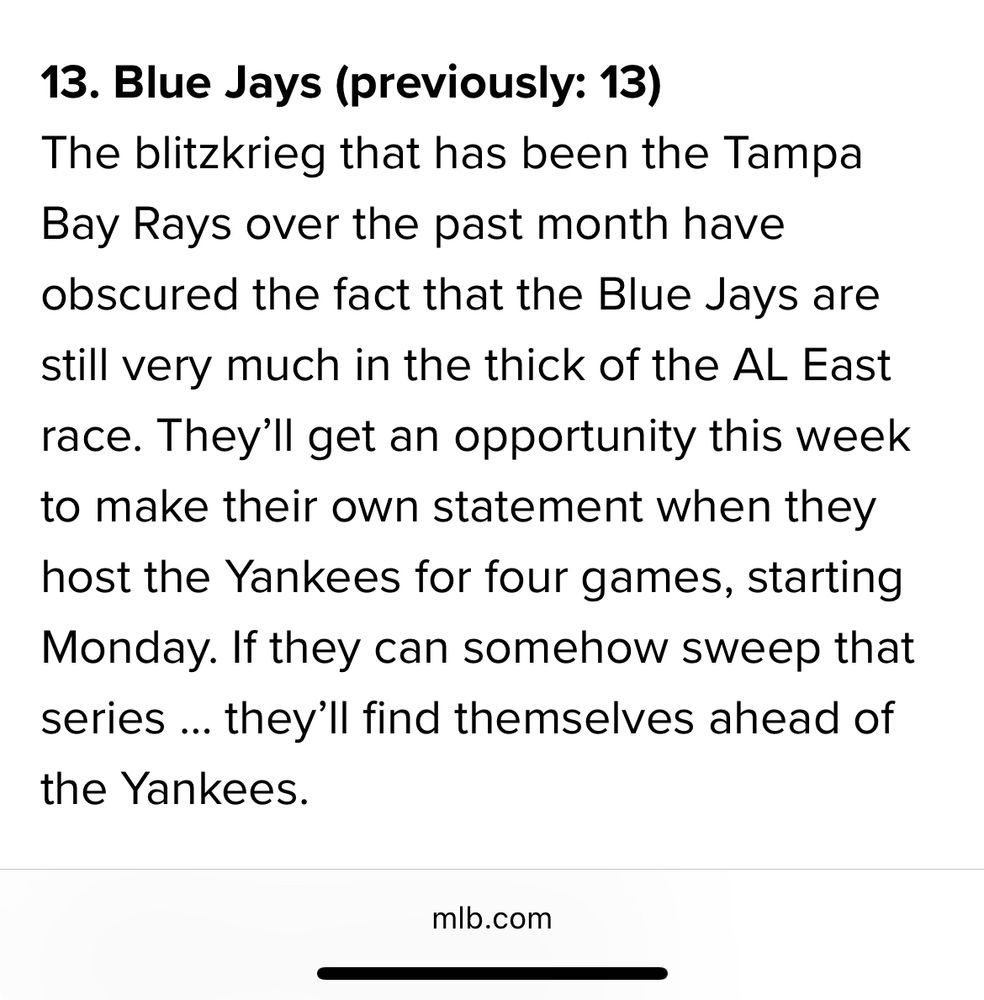 Caption notes that Blue Jays can be in first place if they win all four games & sweep the Yankees. 