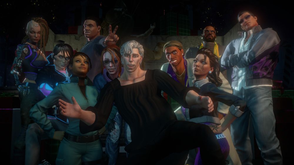 Saints Row 4 Christmas DLC snapshot. From the left: Future Shaundi, Matt Miller, Asha, Keith David, Kinzie, Player character, Pierce, Shaundi, Benjamin King, Johnny Gat. 
