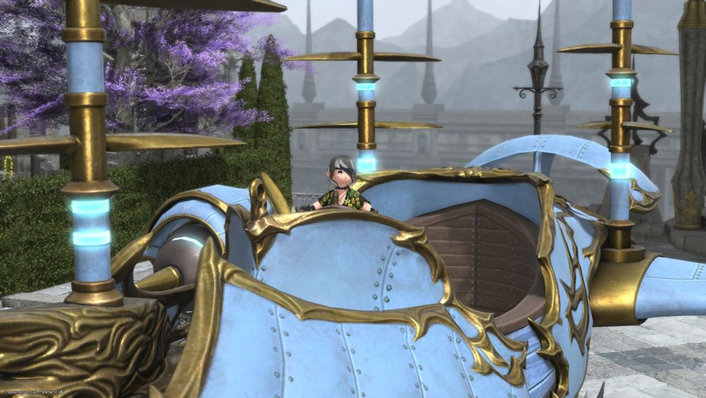 FFXIV llafell character Obsidian in a large pale blue and gold airship.