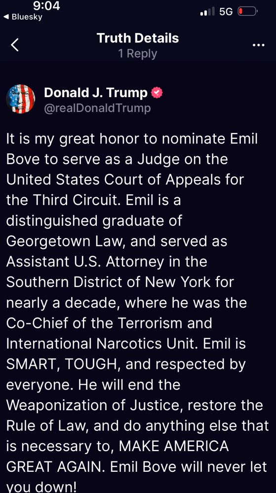 Trump post announcing nomination of Emil above to the Third Circuit
