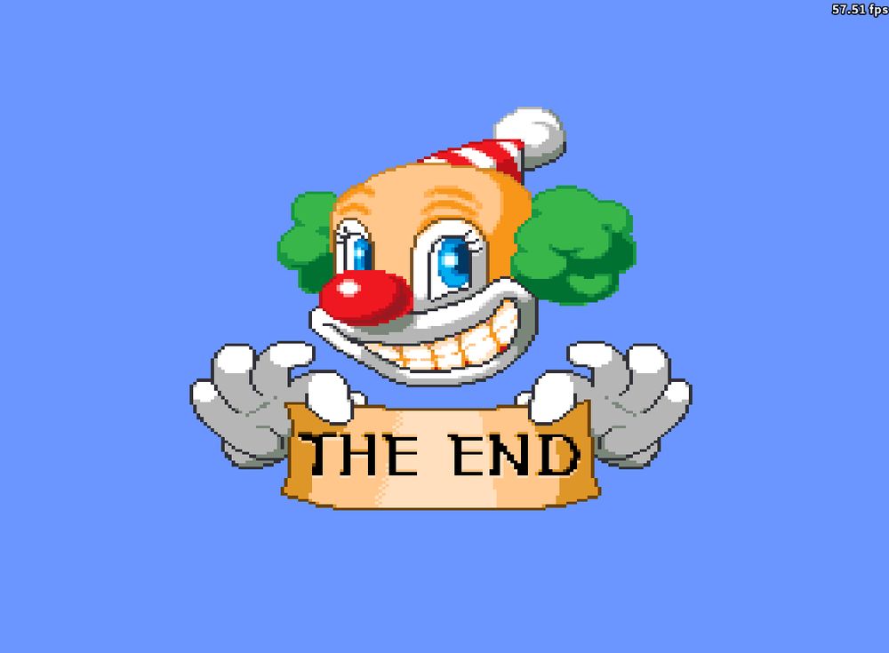 an uncanny, disembodied, smiling clown appears on a blue field. Two gloves hold up a note that reads "The End"