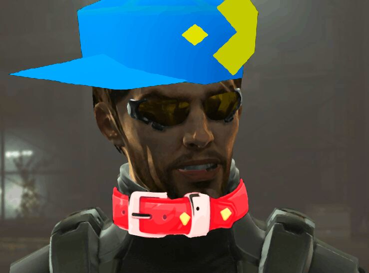 very bad edit of adam jensen from deus ex human revolution with klonoa's hat and collar
