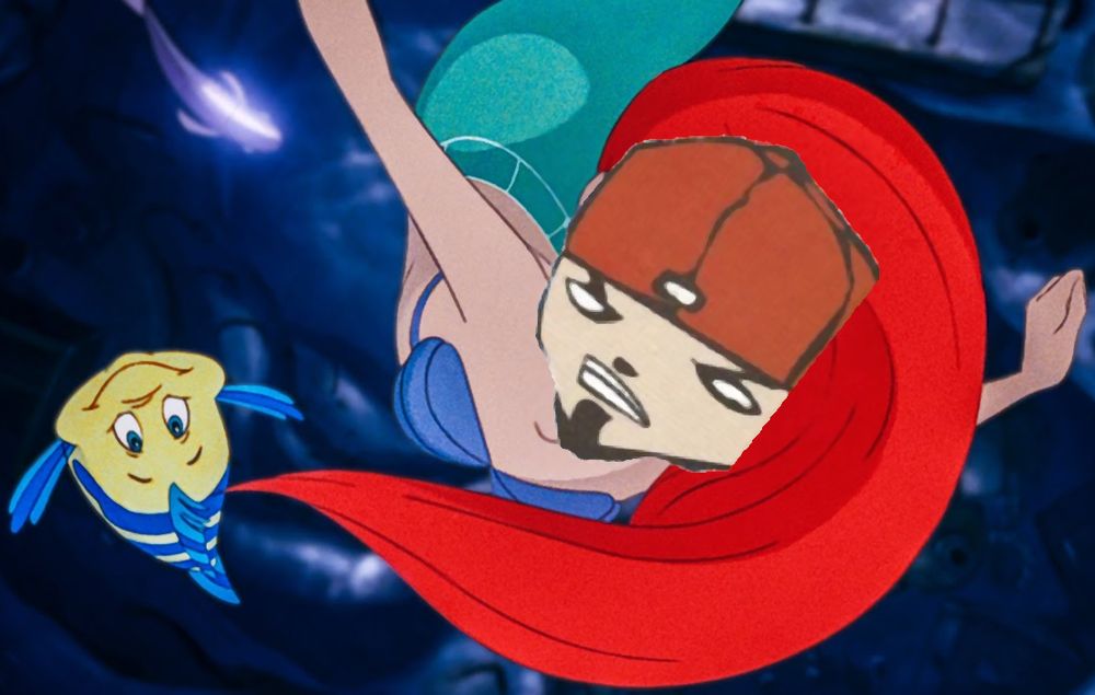 "part of your world" the little mermaid with cartoon fred durst's head from a dreamcast ad crappily pasted over ariel's face