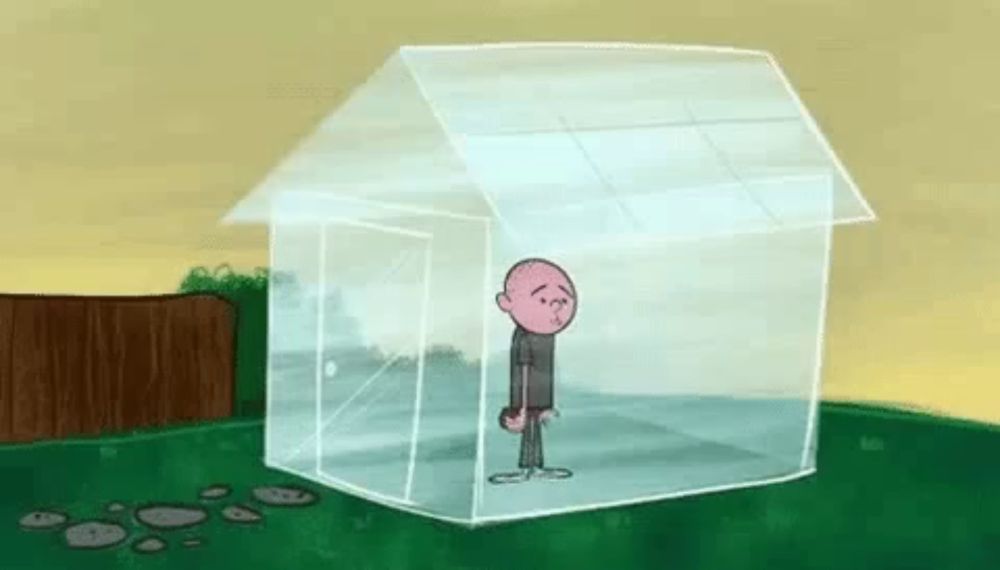 a cartoon of a man standing in a glass house .