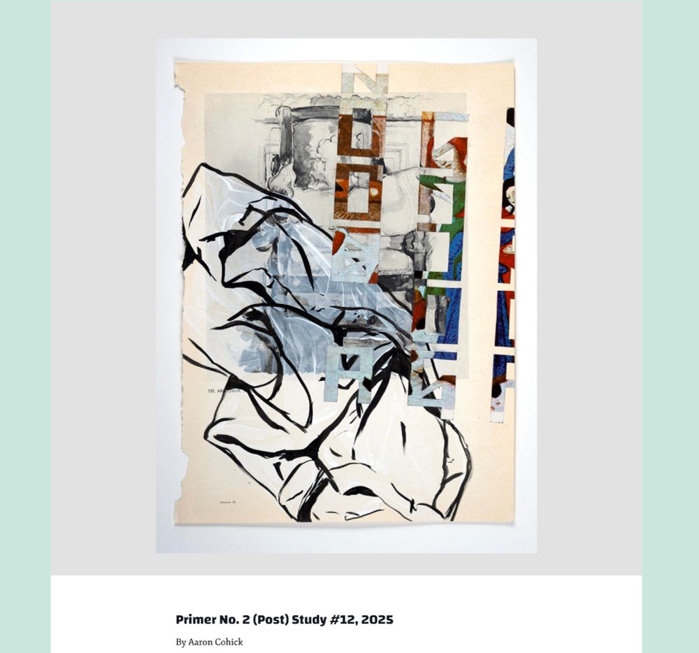A screenshot showing the piece "Primer Number 2 (Post) Study #12" on the In Cahoots Residency fundraiser page. The artwork is a drawing and collage on a page torn out of a book about the artist Cezanne. The image by Cezanne printed on the page is of a chair. Over top of that there is a gesso and black ink drawing of a folded piece of fabric. Collaged on top, running from the center of the composition to the upper right corner and off of the page are three lines of text rendered in the NewLights Press Threshold Alphabet. The paper that the text is cut from shows a full-color image from a medieval illuminated manuscript. The text reads: "A book... going... ...forth."