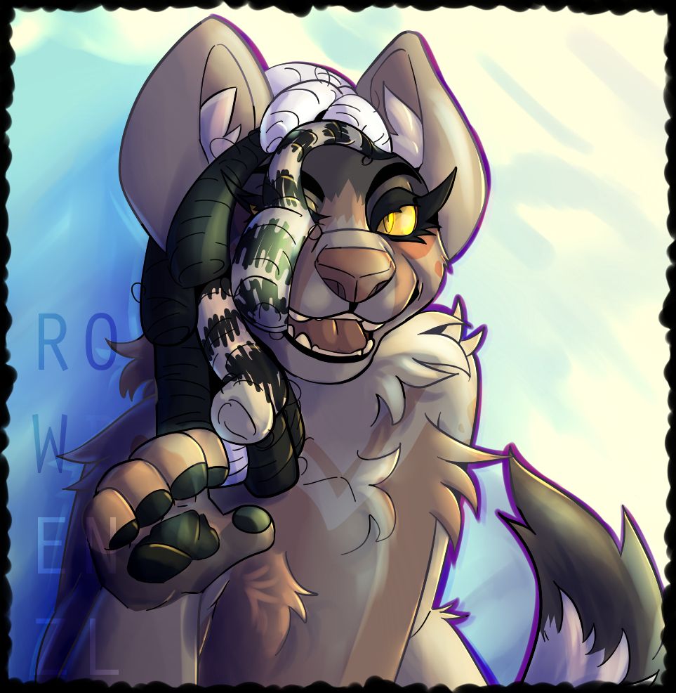 @deer2 's hyena/wild dog oc, Samara . A brown/tan canine with orange eyes and has black, grey, and white locs